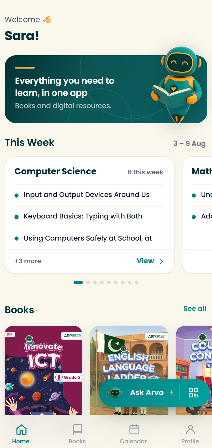 The student and parent app home screen