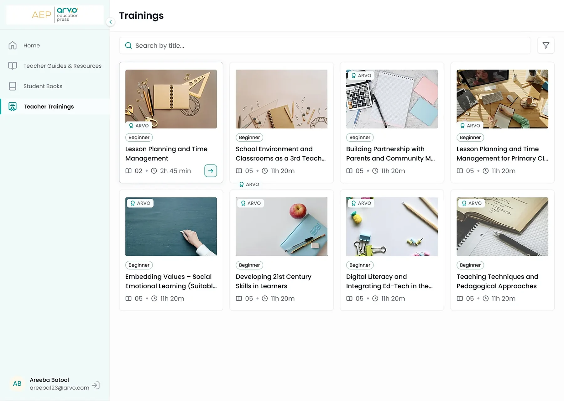ARVO teacher trainings — course catalogue with levels and durations