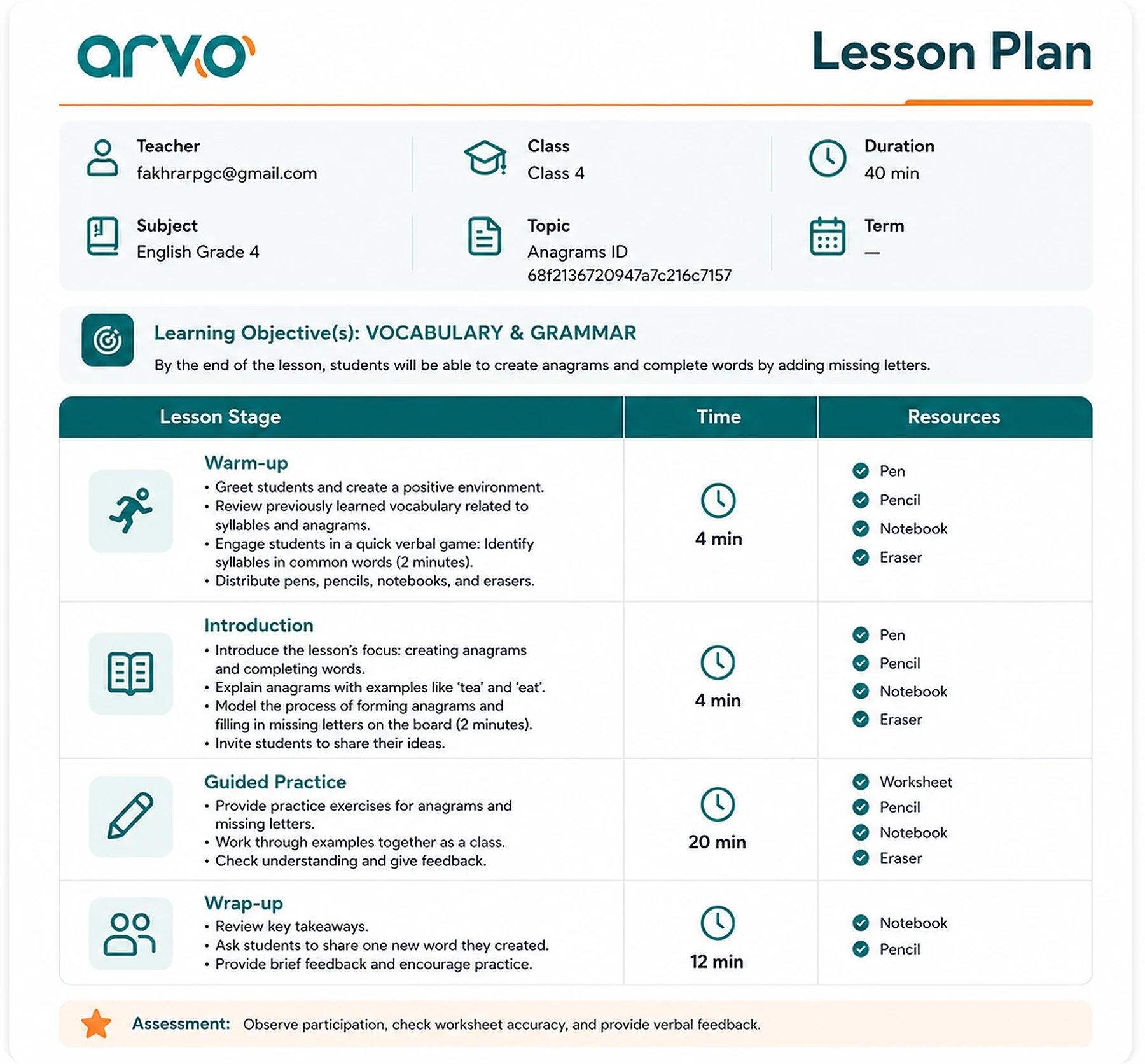 Lesson plan with the objective in its header